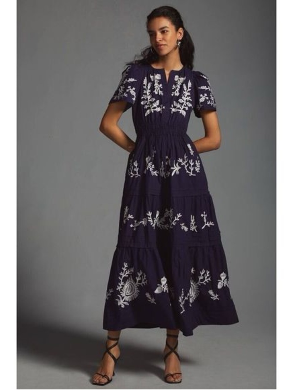 Embroidered Navy Maxi Dress with White Floral Motif